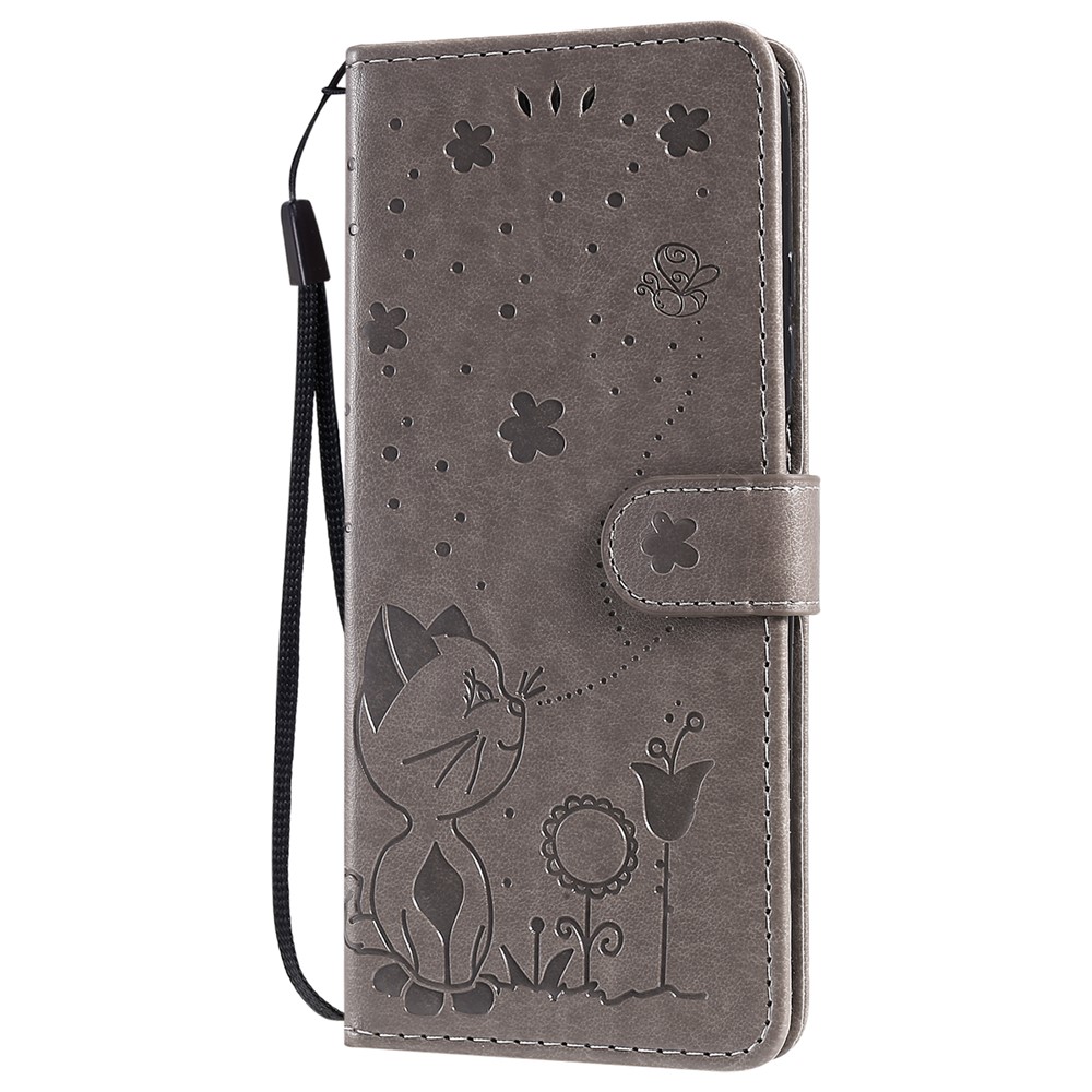 Unique Cat and Bee Pattern Imprinting Leather Wallet Phone Case with Stand for Xiaomi Redmi Note 10 4G/Note 10S - Grey-2