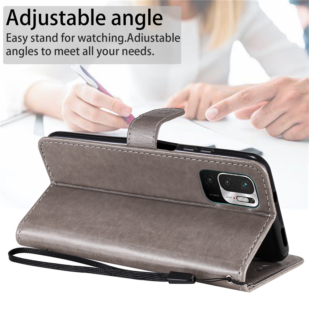 Unique Cat and Bee Pattern Imprinting Leather Wallet Phone Case with Stand for Xiaomi Redmi Note 10 4G/Note 10S - Grey-4
