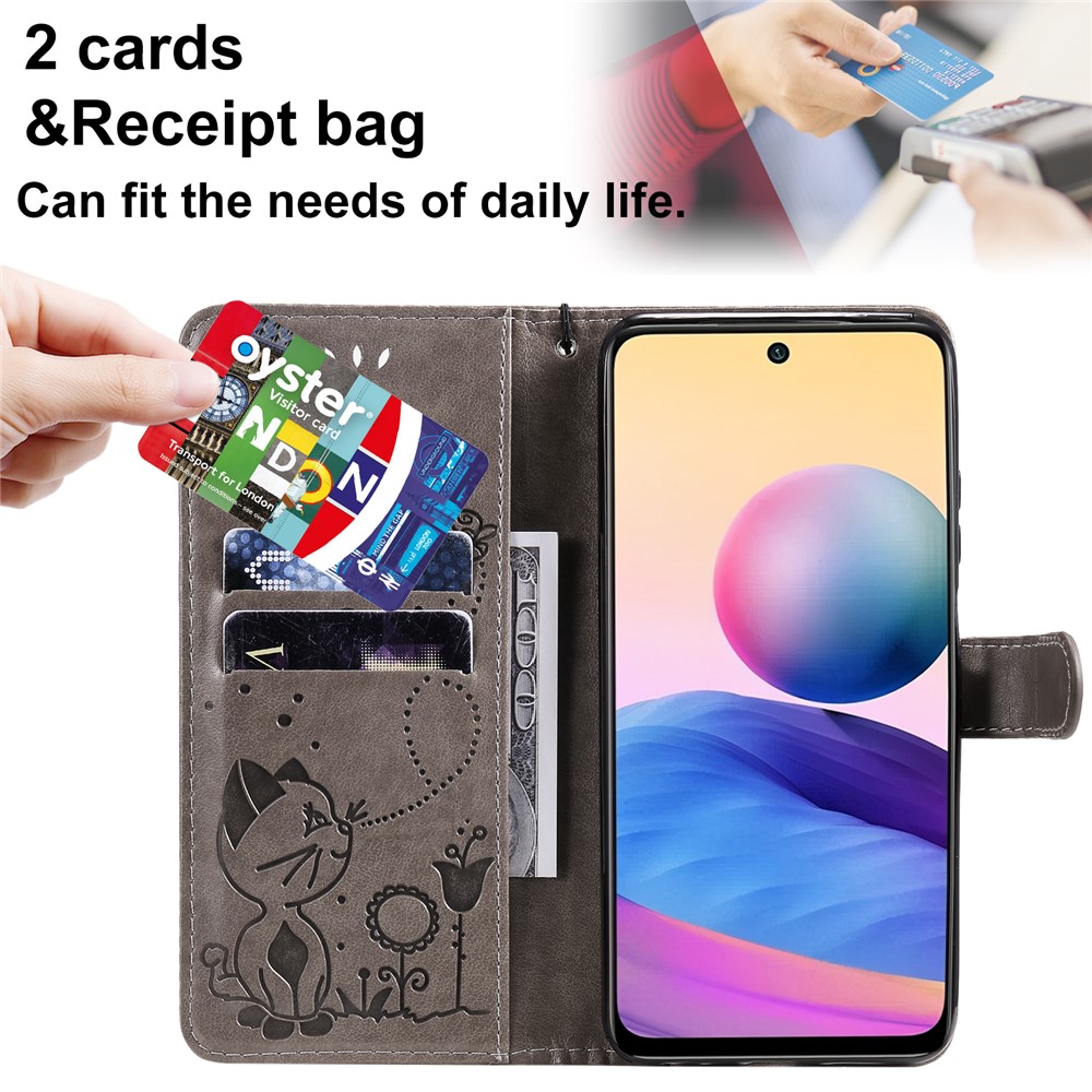 Unique Cat and Bee Pattern Imprinting Leather Wallet Phone Case with Stand for Xiaomi Redmi Note 10 4G/Note 10S - Grey-5