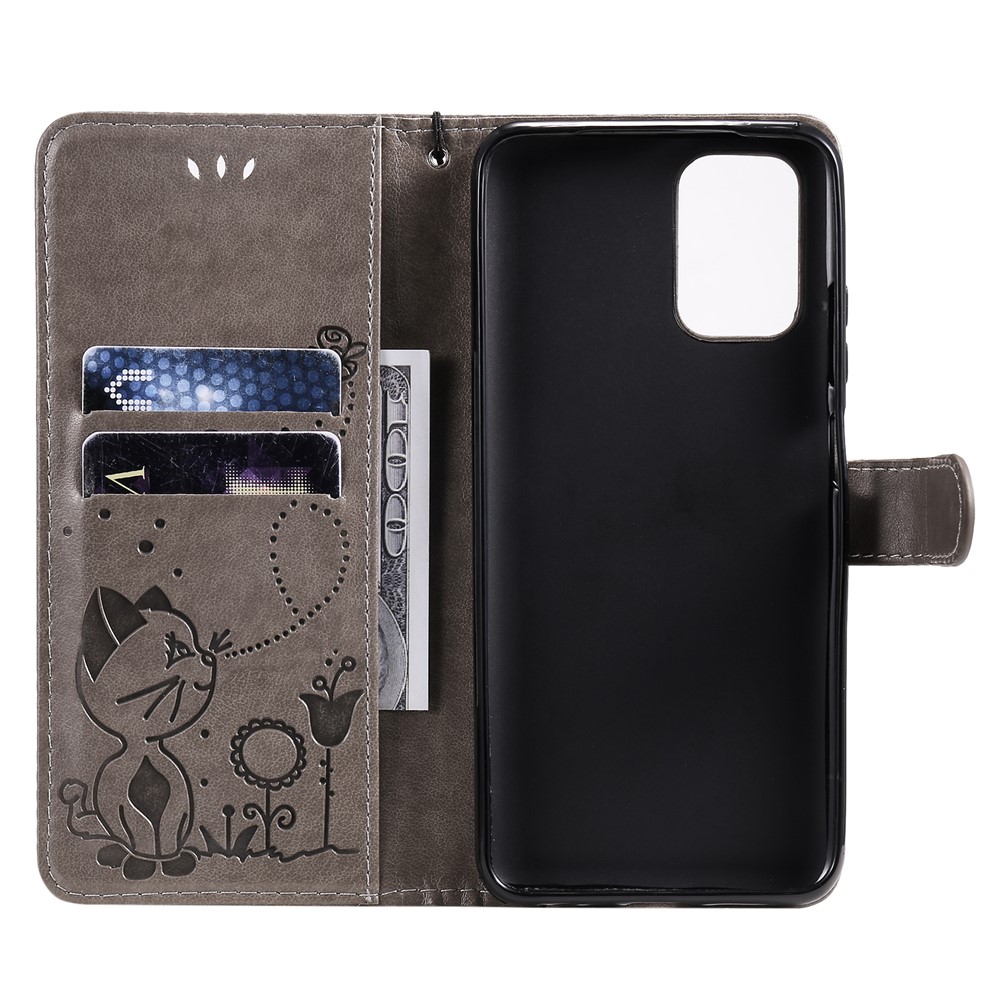 Unique Cat and Bee Pattern Imprinting Leather Wallet Phone Case with Stand for Xiaomi Redmi Note 10 4G/Note 10S - Grey-7