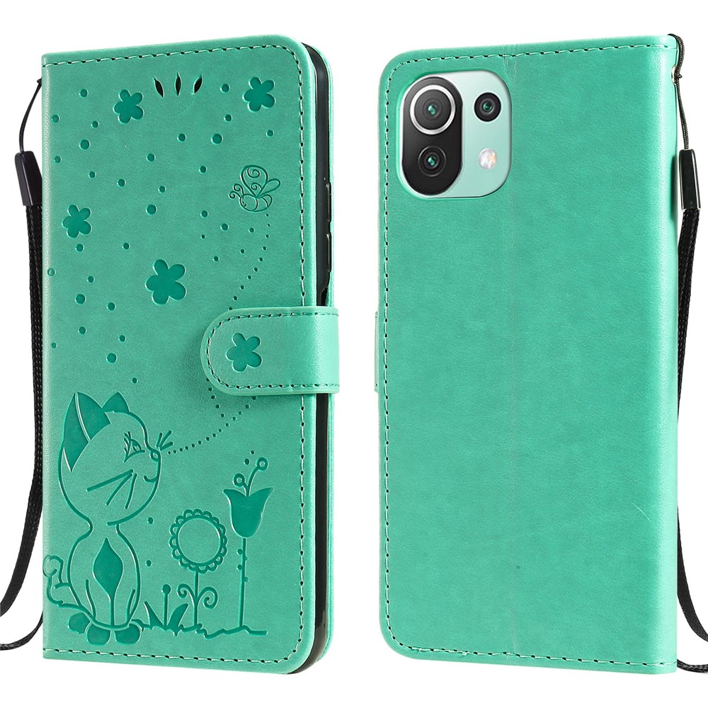 Unique Cat and Bee Pattern Imprinting Folio Flip Leather Case with Wallet Stand for Xiaomi Mi 11 Lite 4G/5G - Green-1