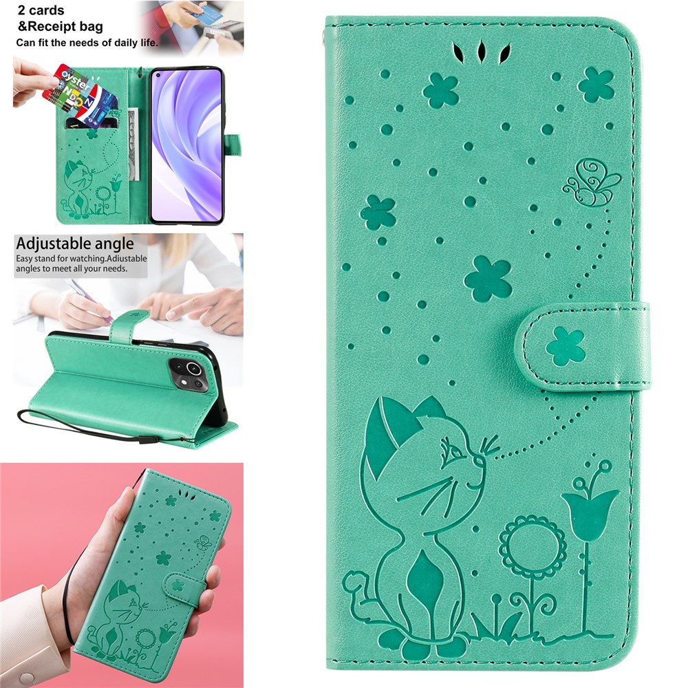Unique Cat and Bee Pattern Imprinting Folio Flip Leather Case with Wallet Stand for Xiaomi Mi 11 Lite 4G/5G - Green-14