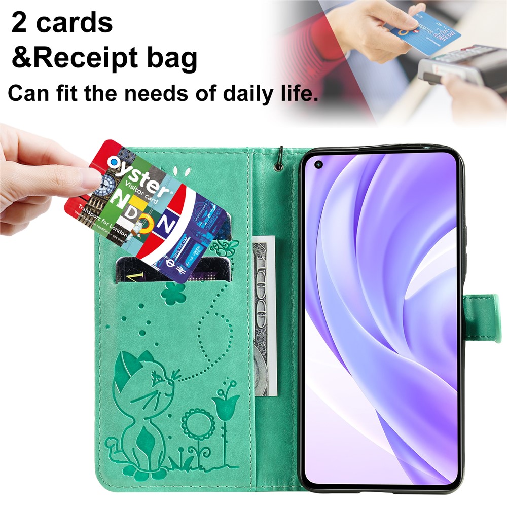 Unique Cat and Bee Pattern Imprinting Folio Flip Leather Case with Wallet Stand for Xiaomi Mi 11 Lite 4G/5G - Green-5