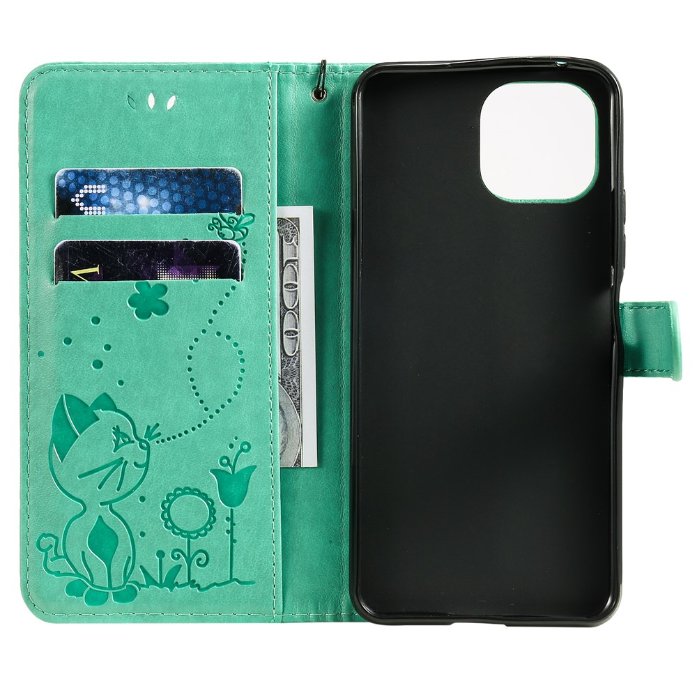 Unique Cat and Bee Pattern Imprinting Folio Flip Leather Case with Wallet Stand for Xiaomi Mi 11 Lite 4G/5G - Green-7