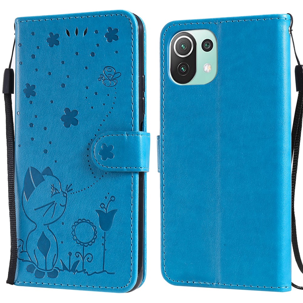 Unique Cat and Bee Pattern Imprinting Folio Flip Leather Case with Wallet Stand for Xiaomi Mi 11 Lite 4G/5G - Blue-1