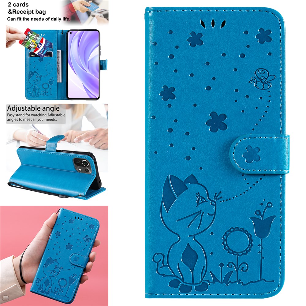 Unique Cat and Bee Pattern Imprinting Folio Flip Leather Case with Wallet Stand for Xiaomi Mi 11 Lite 4G/5G - Blue-14