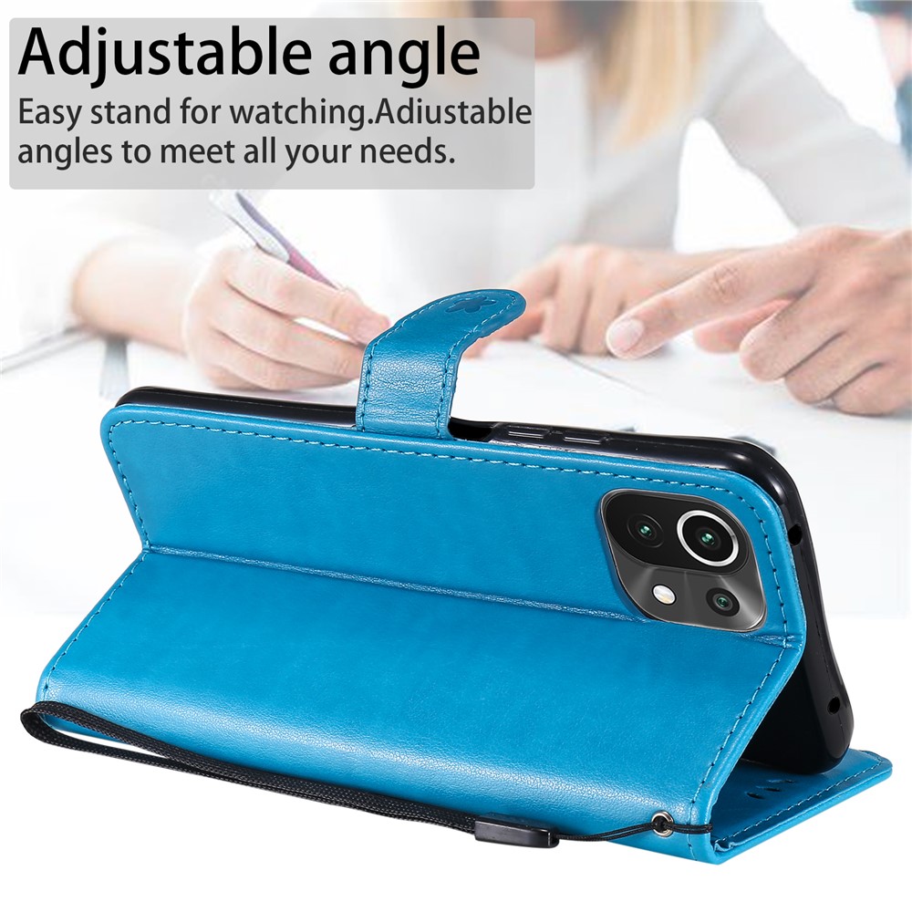 Unique Cat and Bee Pattern Imprinting Folio Flip Leather Case with Wallet Stand for Xiaomi Mi 11 Lite 4G/5G - Blue-4