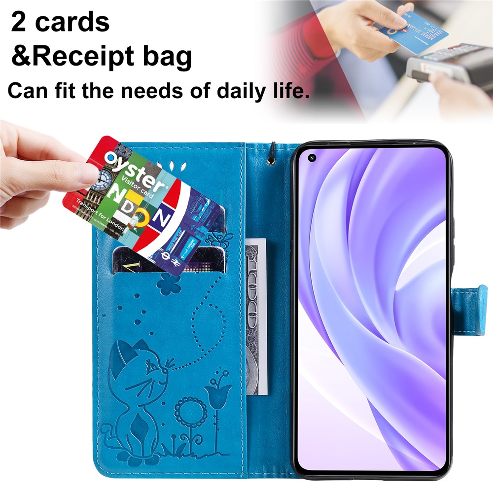 Unique Cat and Bee Pattern Imprinting Folio Flip Leather Case with Wallet Stand for Xiaomi Mi 11 Lite 4G/5G - Blue-5