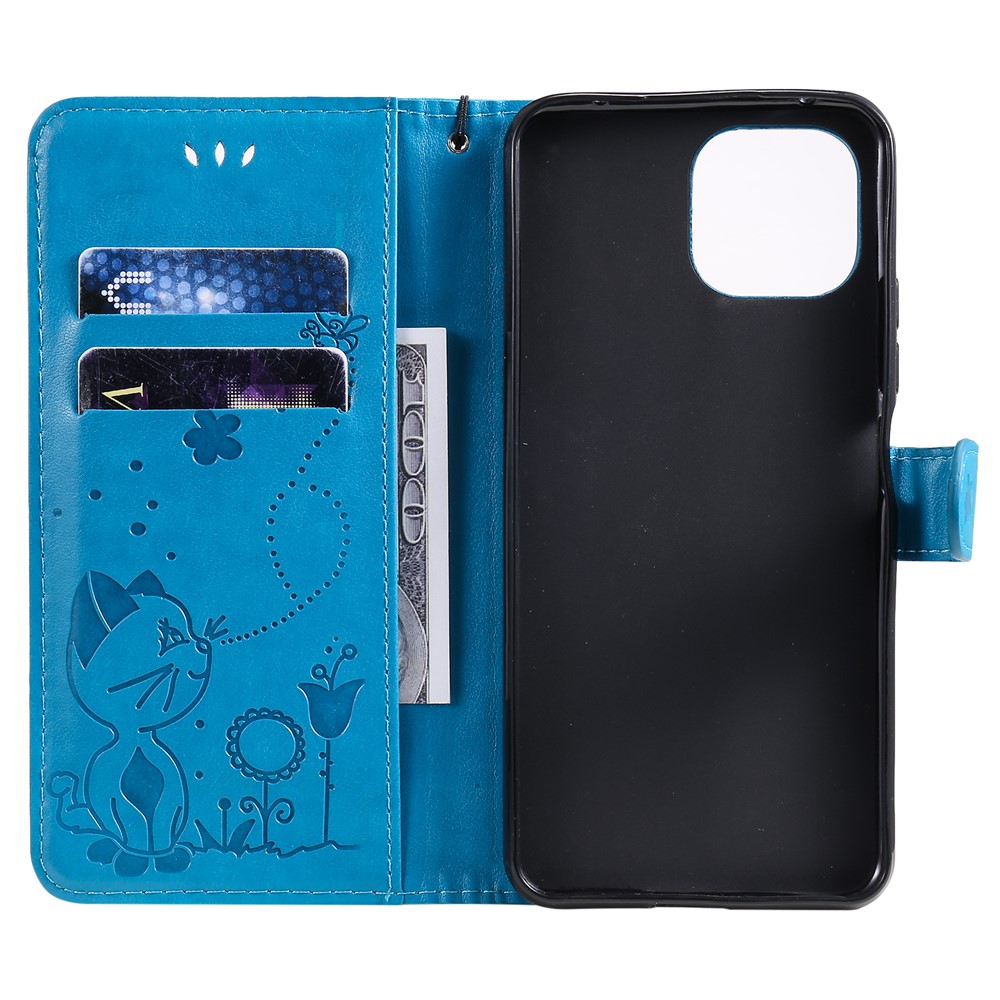 Unique Cat and Bee Pattern Imprinting Folio Flip Leather Case with Wallet Stand for Xiaomi Mi 11 Lite 4G/5G - Blue-7