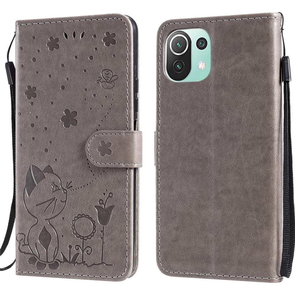 Unique Cat and Bee Pattern Imprinting Folio Flip Leather Case with Wallet Stand for Xiaomi Mi 11 Lite 4G/5G - Grey-1