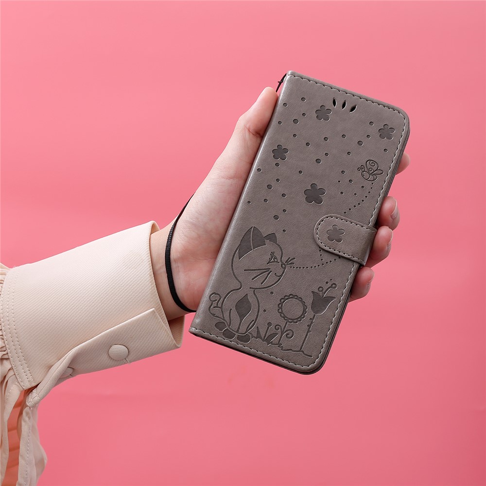 Unique Cat and Bee Pattern Imprinting Folio Flip Leather Case with Wallet Stand for Xiaomi Mi 11 Lite 4G/5G - Grey-12