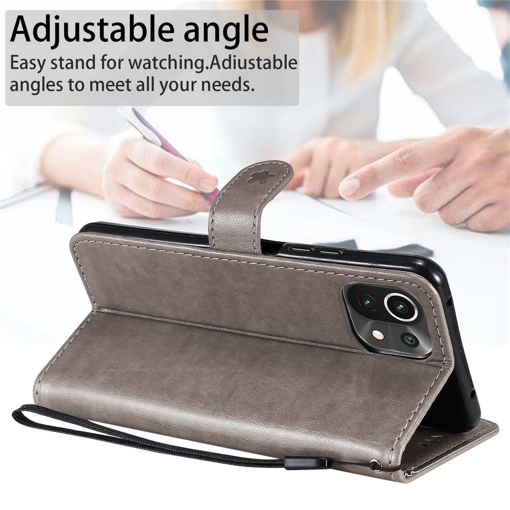 Unique Cat and Bee Pattern Imprinting Folio Flip Leather Case with Wallet Stand for Xiaomi Mi 11 Lite 4G/5G - Grey-4