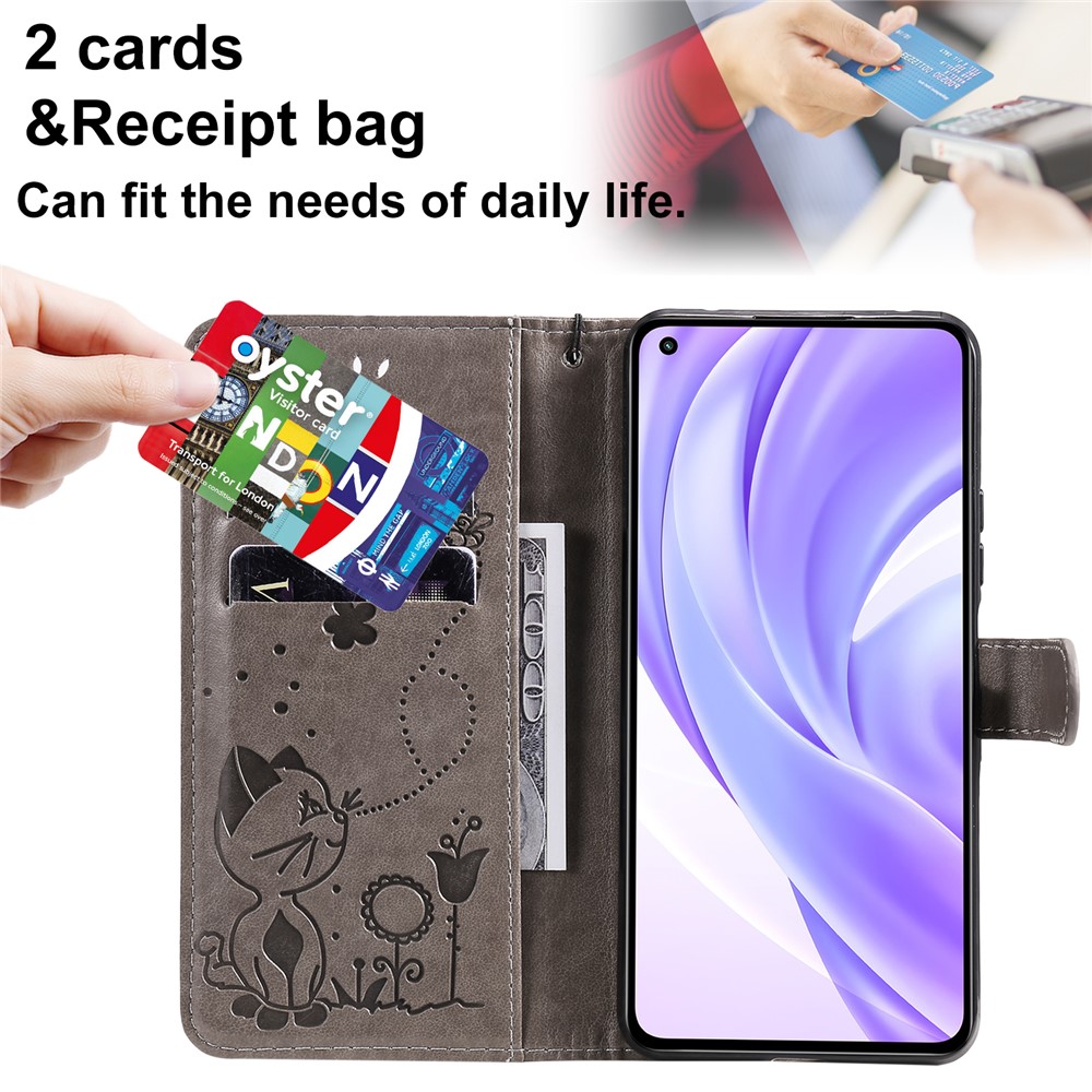 Unique Cat and Bee Pattern Imprinting Folio Flip Leather Case with Wallet Stand for Xiaomi Mi 11 Lite 4G/5G - Grey-5