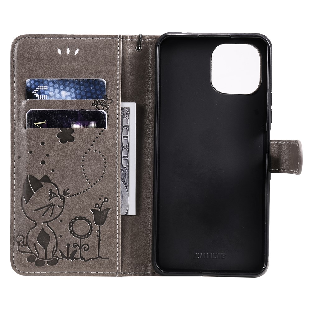 Unique Cat and Bee Pattern Imprinting Folio Flip Leather Case with Wallet Stand for Xiaomi Mi 11 Lite 4G/5G - Grey-7