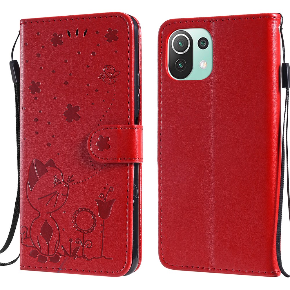 Unique Cat and Bee Pattern Imprinting Folio Flip Leather Case with Wallet Stand for Xiaomi Mi 11 Lite 4G/5G - Red-1