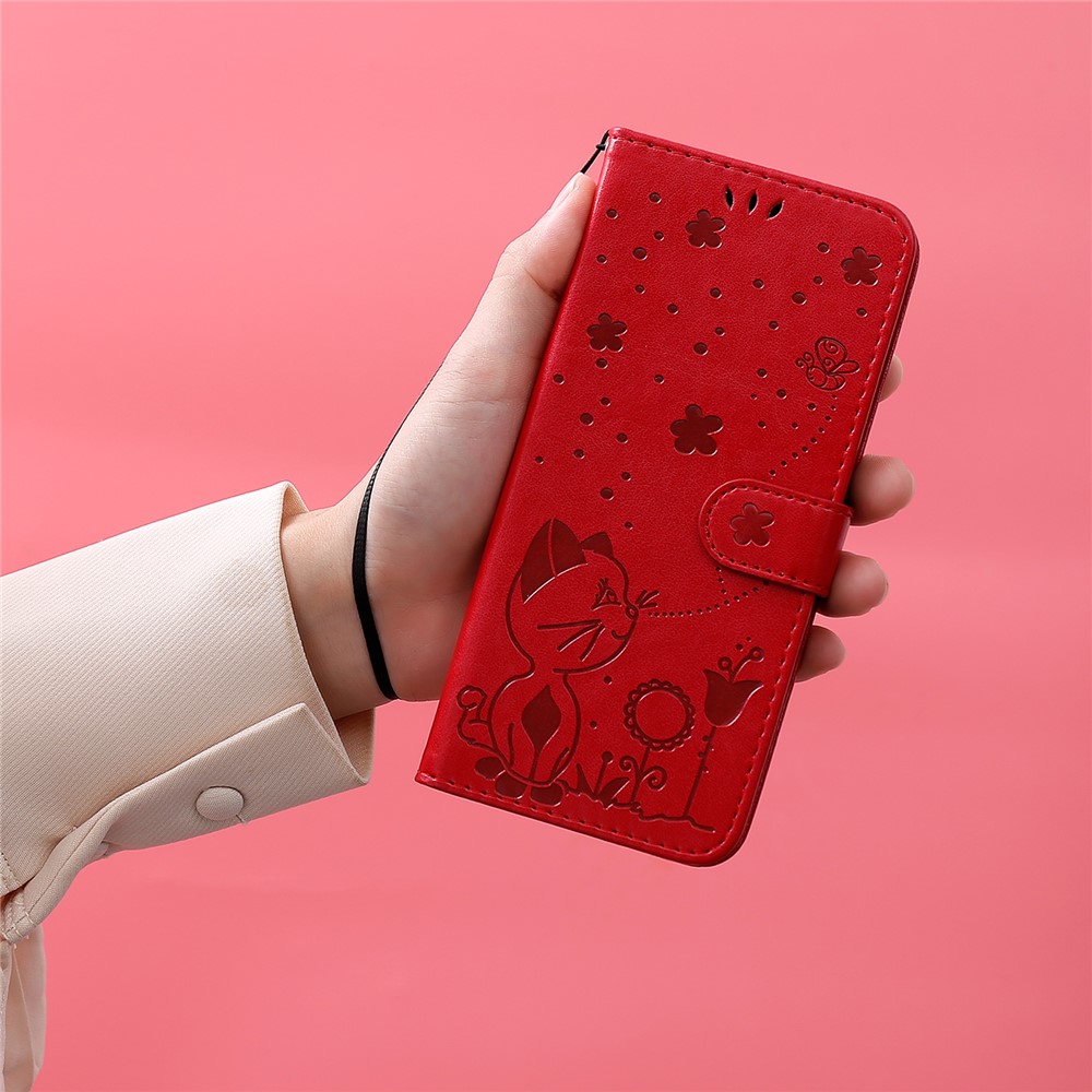 Unique Cat and Bee Pattern Imprinting Folio Flip Leather Case with Wallet Stand for Xiaomi Mi 11 Lite 4G/5G - Red-12