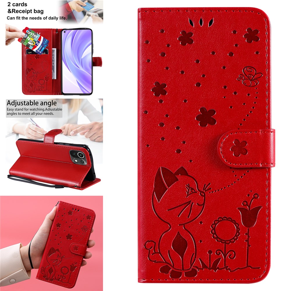 Unique Cat and Bee Pattern Imprinting Folio Flip Leather Case with Wallet Stand for Xiaomi Mi 11 Lite 4G/5G - Red-14