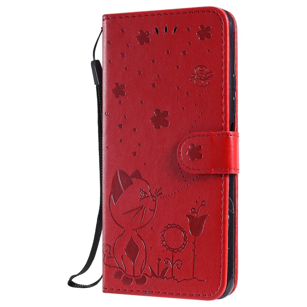 Unique Cat and Bee Pattern Imprinting Folio Flip Leather Case with Wallet Stand for Xiaomi Mi 11 Lite 4G/5G - Red-2