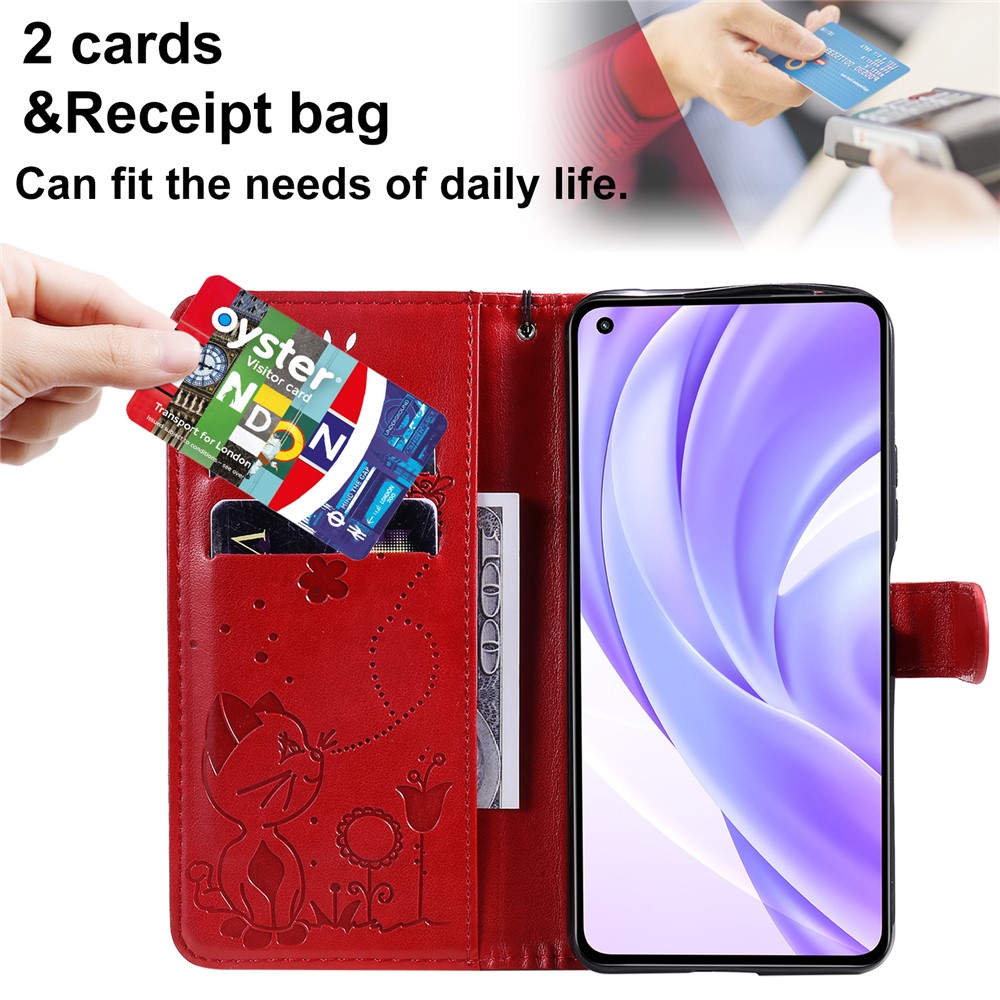 Unique Cat and Bee Pattern Imprinting Folio Flip Leather Case with Wallet Stand for Xiaomi Mi 11 Lite 4G/5G - Red-5