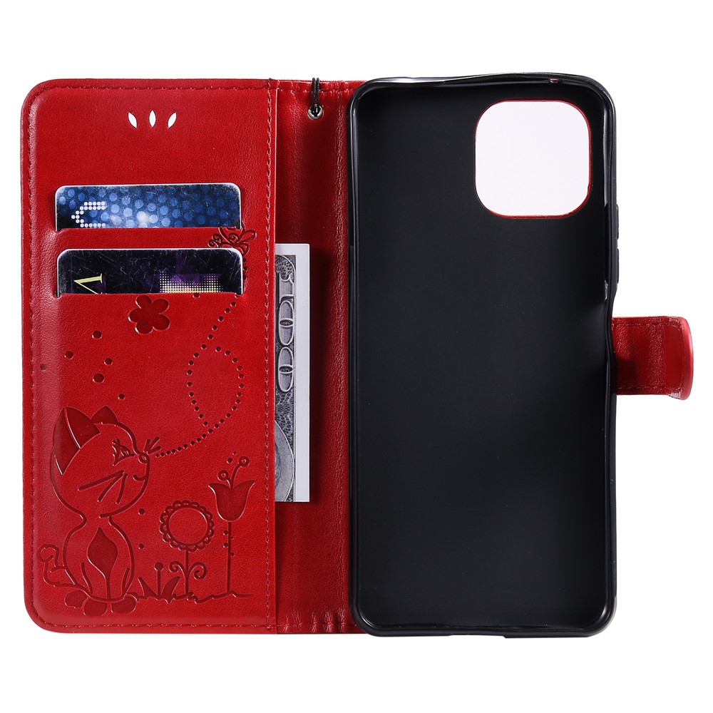 Unique Cat and Bee Pattern Imprinting Folio Flip Leather Case with Wallet Stand for Xiaomi Mi 11 Lite 4G/5G - Red-7