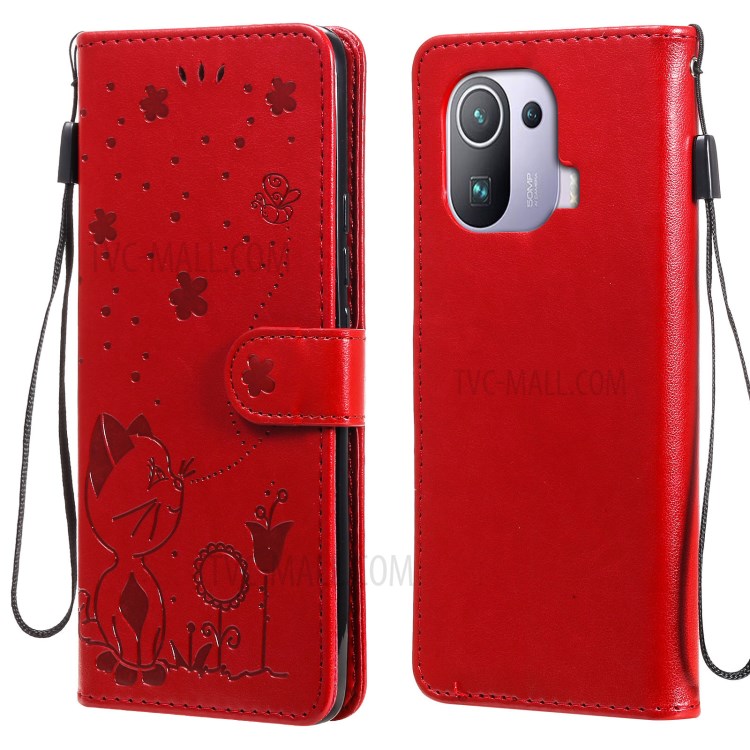 Imprint Unique Cat and Bee Pattern Leather Case with Wallet Stand for Xiaomi Mi 11 Pro - Red-1