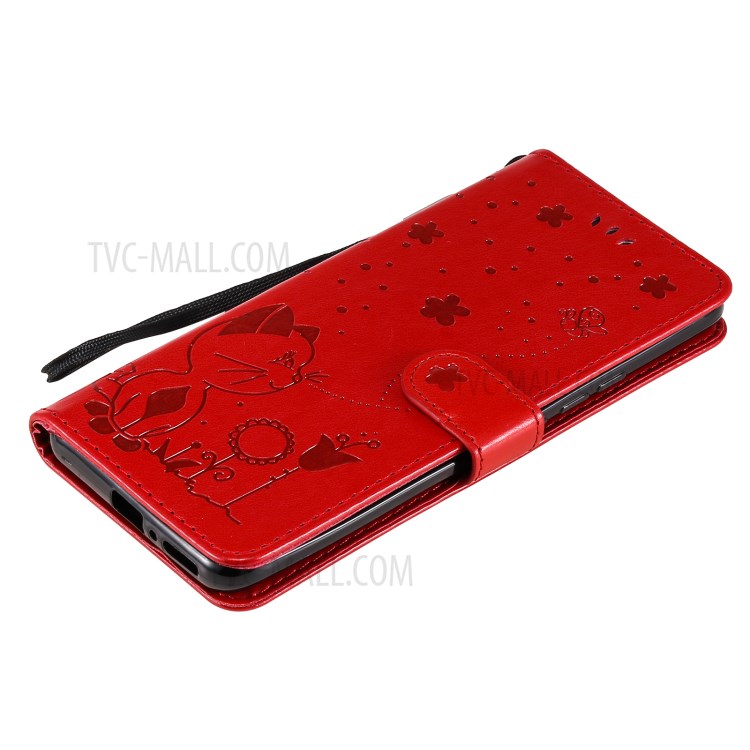 Imprint Unique Cat and Bee Pattern Leather Case with Wallet Stand for Xiaomi Mi 11 Pro - Red-10