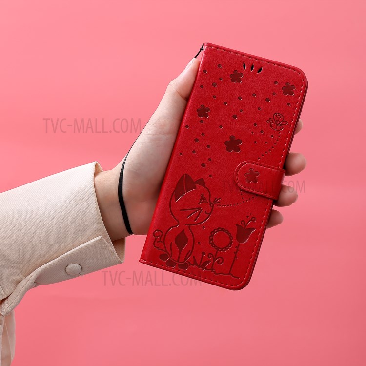 Imprint Unique Cat and Bee Pattern Leather Case with Wallet Stand for Xiaomi Mi 11 Pro - Red-12