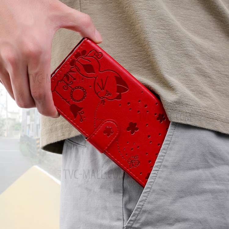 Imprint Unique Cat and Bee Pattern Leather Case with Wallet Stand for Xiaomi Mi 11 Pro - Red-13