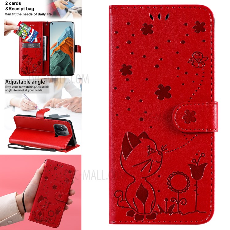 Imprint Unique Cat and Bee Pattern Leather Case with Wallet Stand for Xiaomi Mi 11 Pro - Red-14