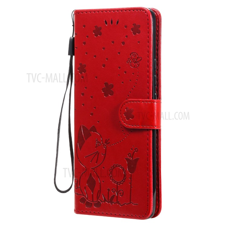 Imprint Unique Cat and Bee Pattern Leather Case with Wallet Stand for Xiaomi Mi 11 Pro - Red-2