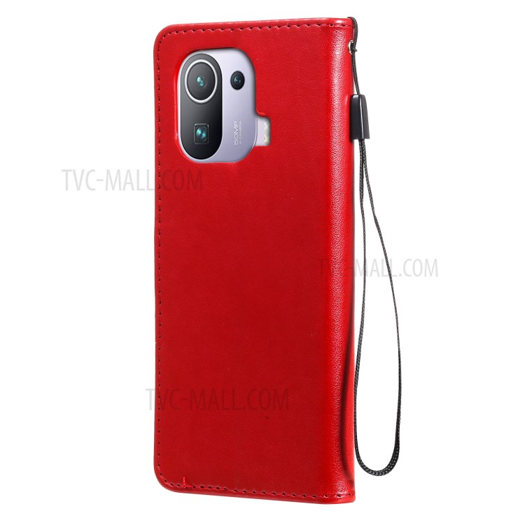 Imprint Unique Cat and Bee Pattern Leather Case with Wallet Stand for Xiaomi Mi 11 Pro - Red-3