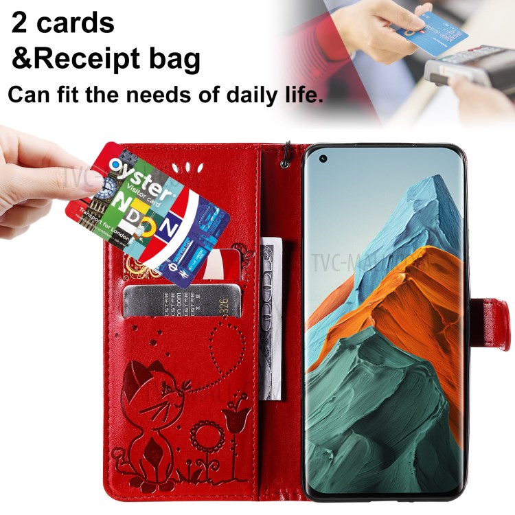 Imprint Unique Cat and Bee Pattern Leather Case with Wallet Stand for Xiaomi Mi 11 Pro - Red-5