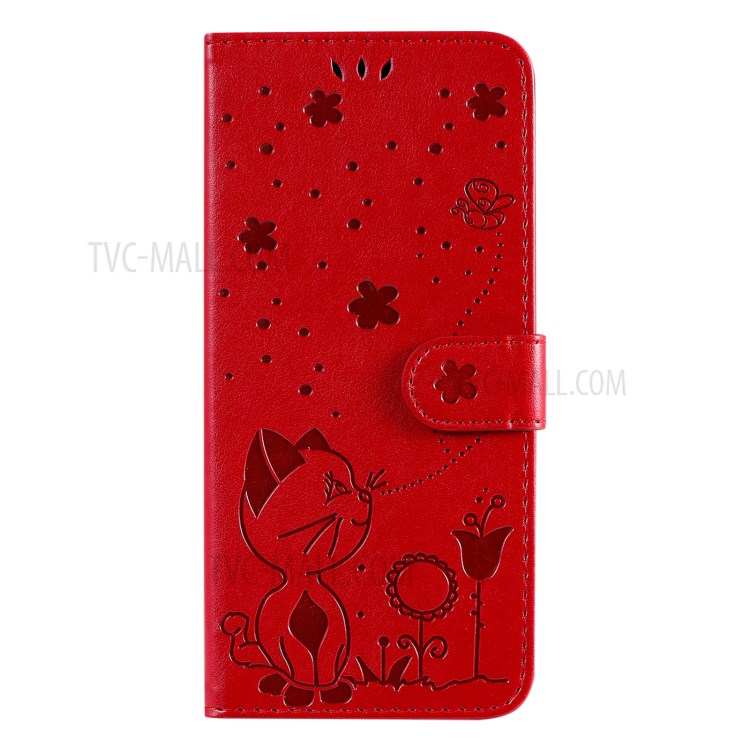 Imprint Unique Cat and Bee Pattern Leather Case with Wallet Stand for Xiaomi Mi 11 Pro - Red-6
