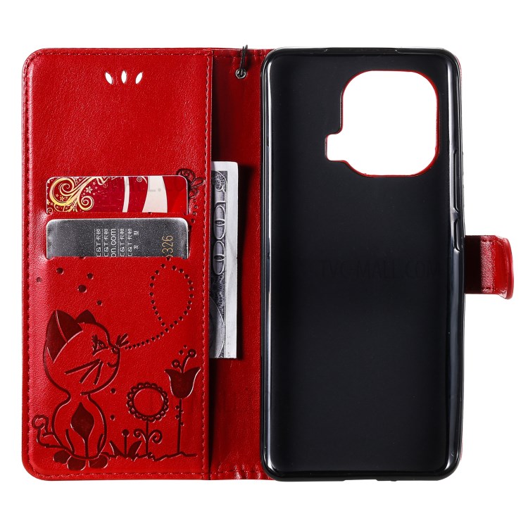 Imprint Unique Cat and Bee Pattern Leather Case with Wallet Stand for Xiaomi Mi 11 Pro - Red-7