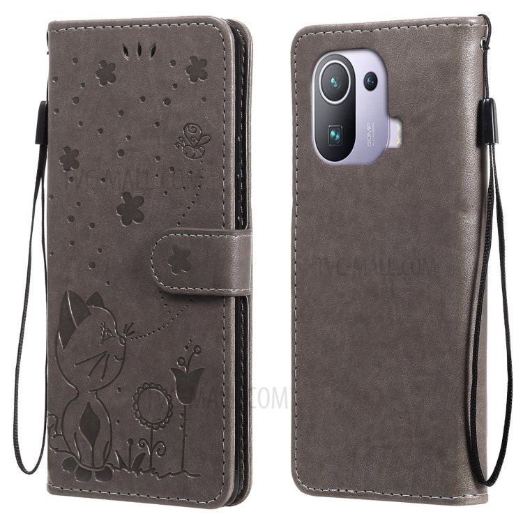 Imprint Unique Cat and Bee Pattern Leather Case with Wallet Stand for Xiaomi Mi 11 Pro - Grey-1