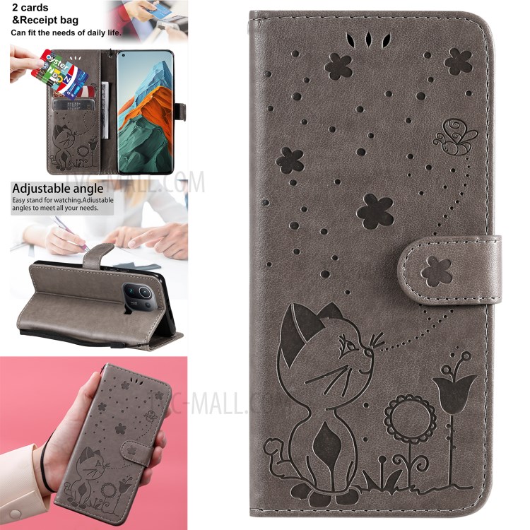 Imprint Unique Cat and Bee Pattern Leather Case with Wallet Stand for Xiaomi Mi 11 Pro - Grey-14