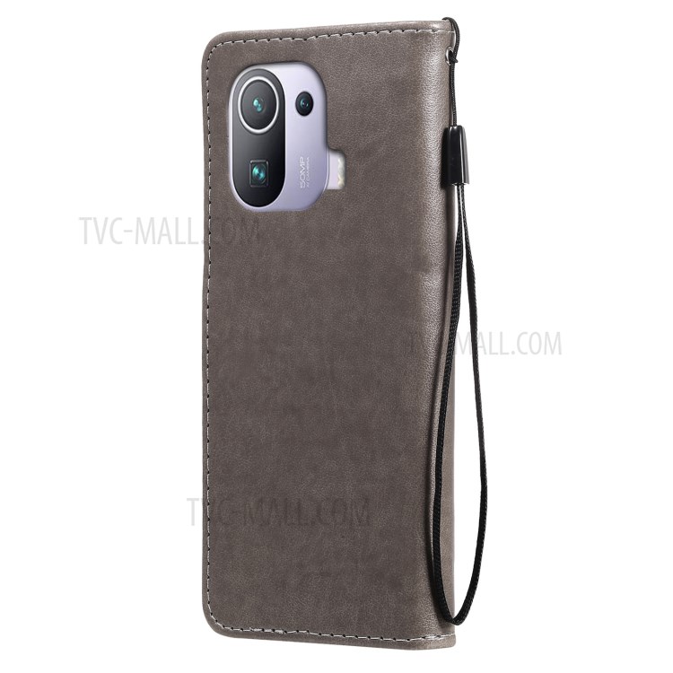 Imprint Unique Cat and Bee Pattern Leather Case with Wallet Stand for Xiaomi Mi 11 Pro - Grey-3
