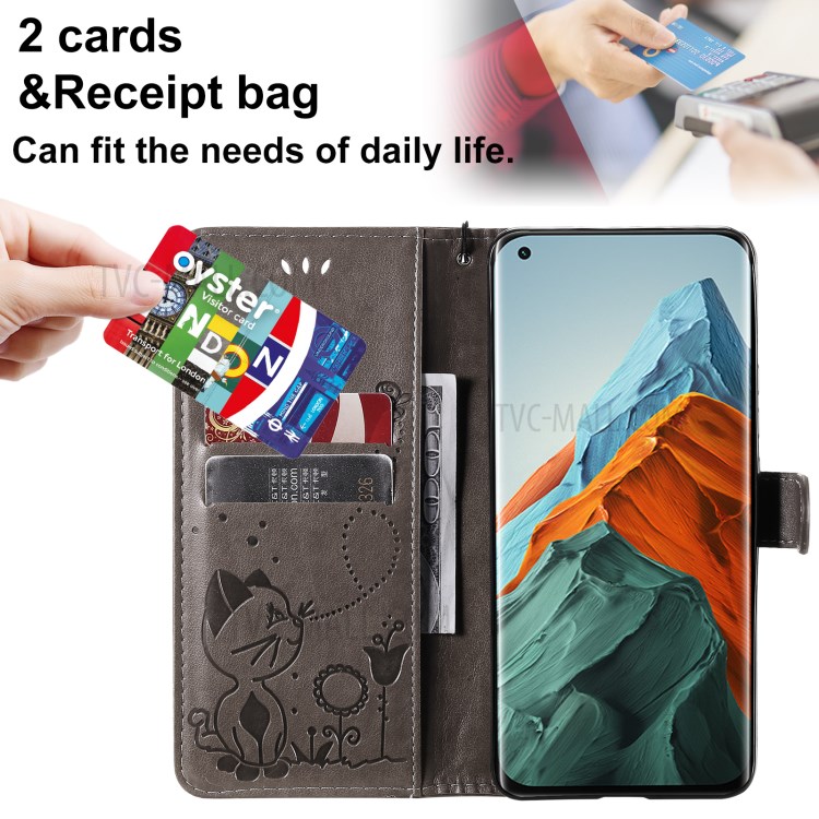 Imprint Unique Cat and Bee Pattern Leather Case with Wallet Stand for Xiaomi Mi 11 Pro - Grey-5