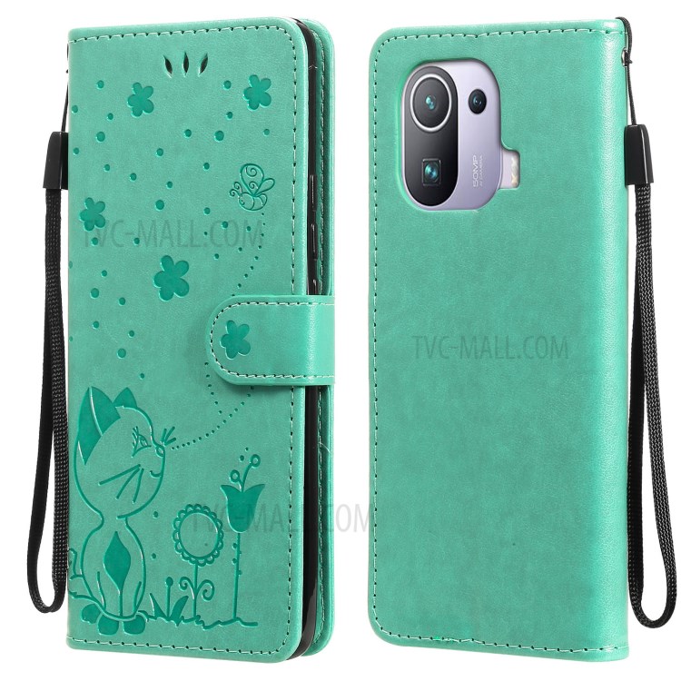 Imprint Unique Cat and Bee Pattern Leather Case with Wallet Stand for Xiaomi Mi 11 Pro - Green-1