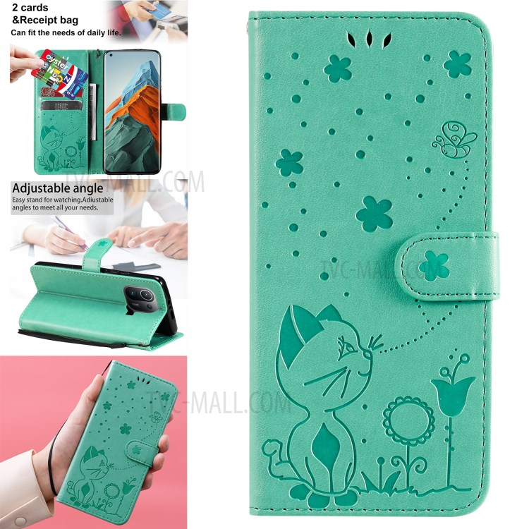 Imprint Unique Cat and Bee Pattern Leather Case with Wallet Stand for Xiaomi Mi 11 Pro - Green-14
