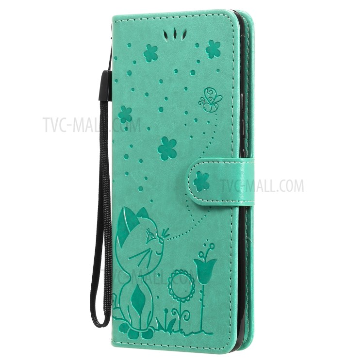 Imprint Unique Cat and Bee Pattern Leather Case with Wallet Stand for Xiaomi Mi 11 Pro - Green-2