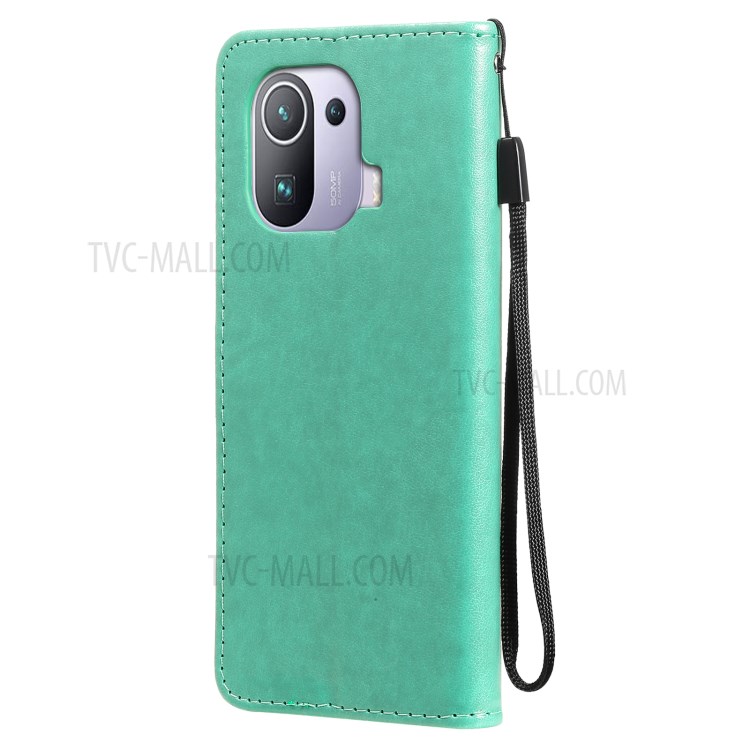 Imprint Unique Cat and Bee Pattern Leather Case with Wallet Stand for Xiaomi Mi 11 Pro - Green-3