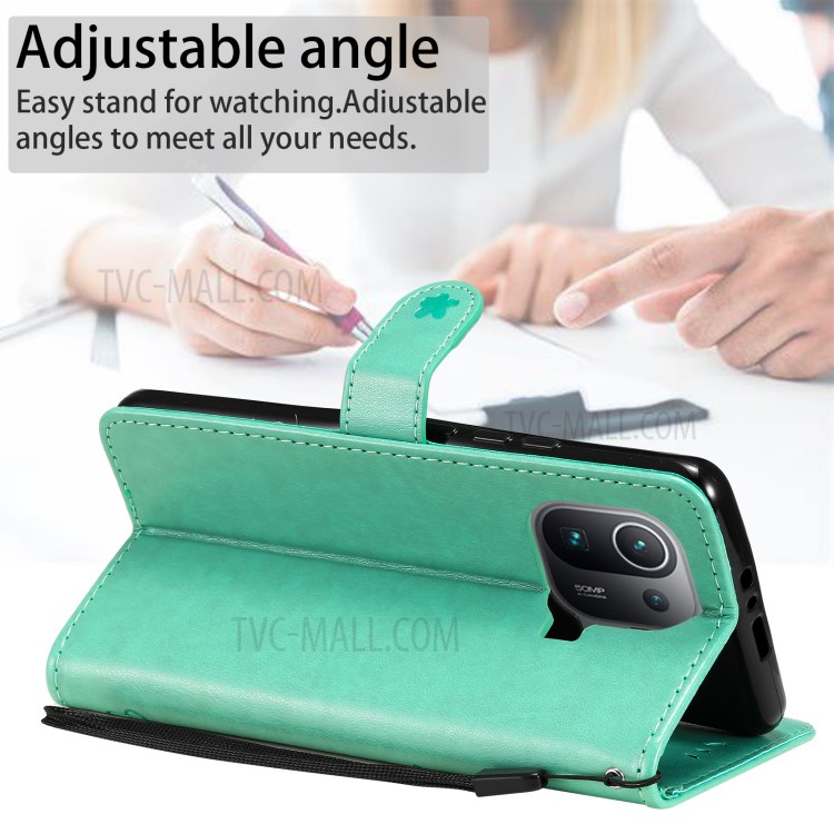 Imprint Unique Cat and Bee Pattern Leather Case with Wallet Stand for Xiaomi Mi 11 Pro - Green-4