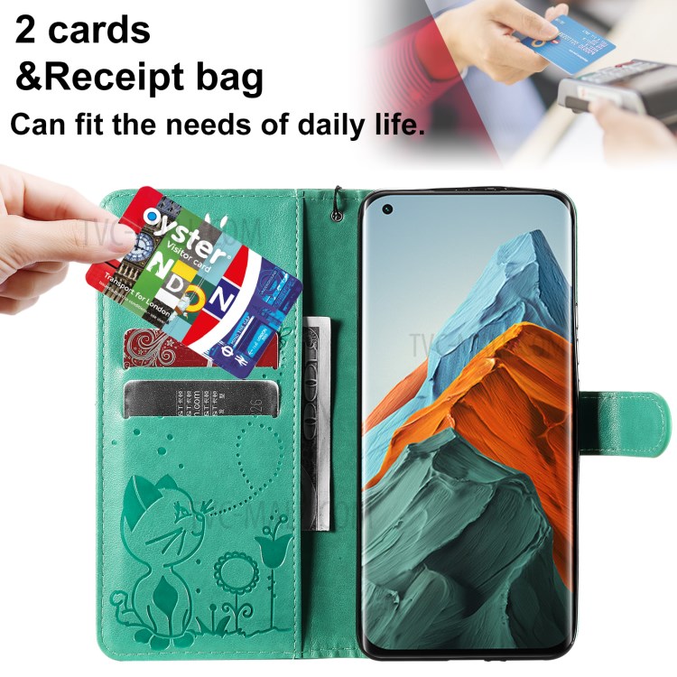 Imprint Unique Cat and Bee Pattern Leather Case with Wallet Stand for Xiaomi Mi 11 Pro - Green-5