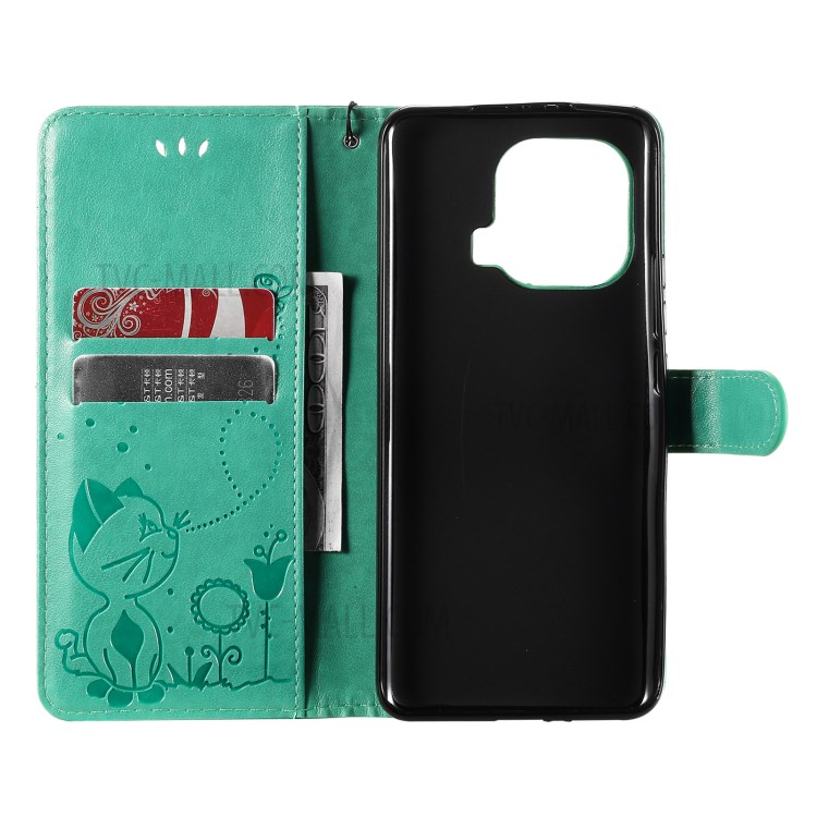 Imprint Unique Cat and Bee Pattern Leather Case with Wallet Stand for Xiaomi Mi 11 Pro - Green-7