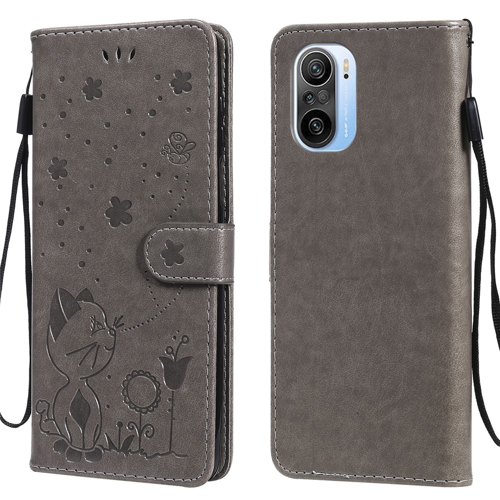 Magnetic Closing Cat and Bee Pattern Imprinting Leather Case with Wallet Stand for Xiaomi Redmi K40/K40 Pro/Mi 11i/Poco F3 - Grey-1