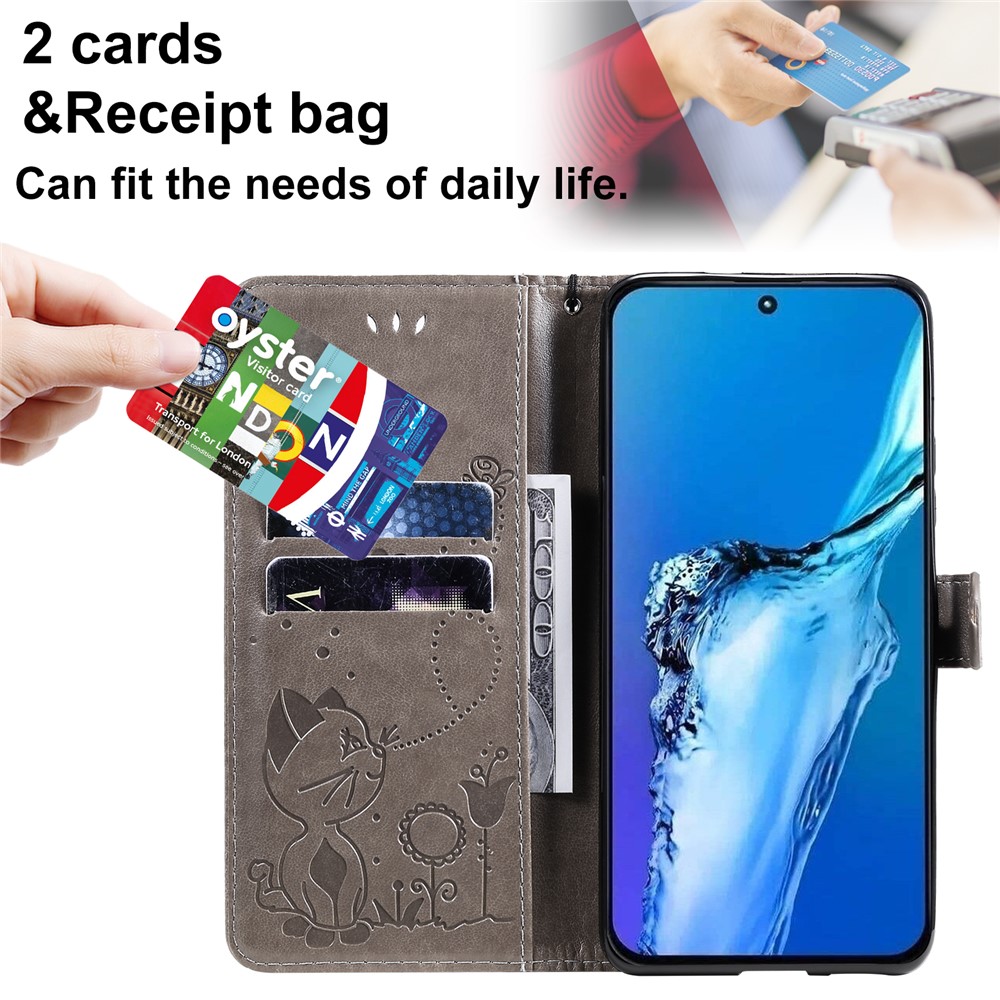 Magnetic Closing Cat and Bee Pattern Imprinting Leather Case with Wallet Stand for Xiaomi Redmi K40/K40 Pro/Mi 11i/Poco F3 - Grey-4