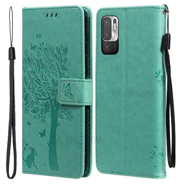 Imprinted Cat Tree Leather Coated TPU Card Holder Case with Kickstand for Xiaomi Redmi Note 10 5G / Poco M3 Pro 5G - Green-1