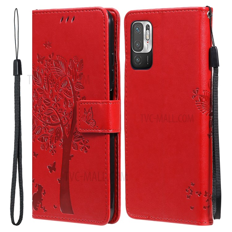 Imprinted Cat Tree Leather Coated TPU Card Holder Case with Kickstand for Xiaomi Redmi Note 10 5G / Poco M3 Pro 5G - Red-1