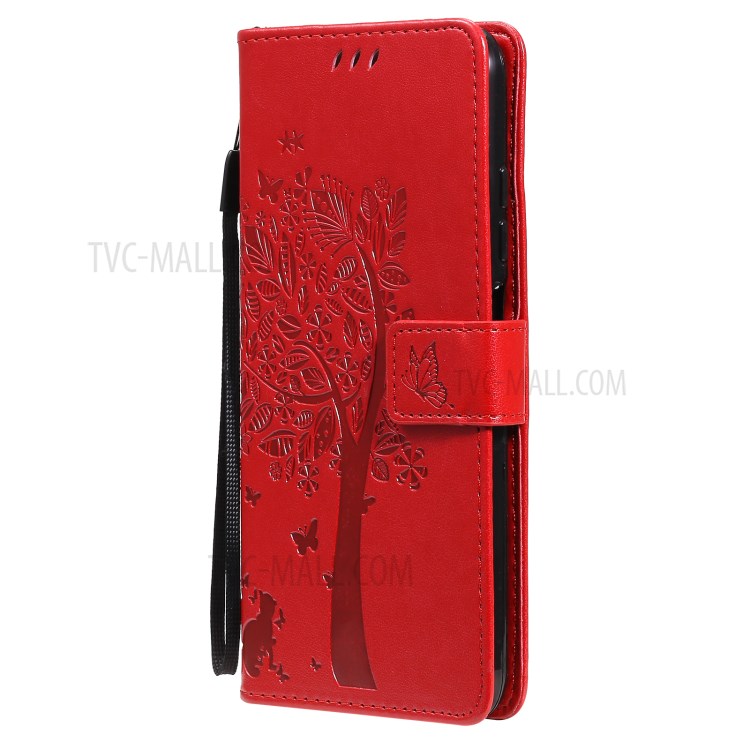 Imprinted Cat Tree Leather Coated TPU Card Holder Case with Kickstand for Xiaomi Redmi Note 10 5G / Poco M3 Pro 5G - Red-3